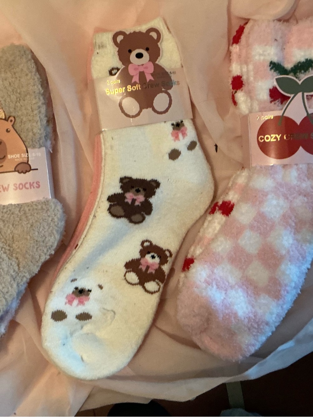 Bear Pattern Cozy Crew Socks - White & Pink six pair
